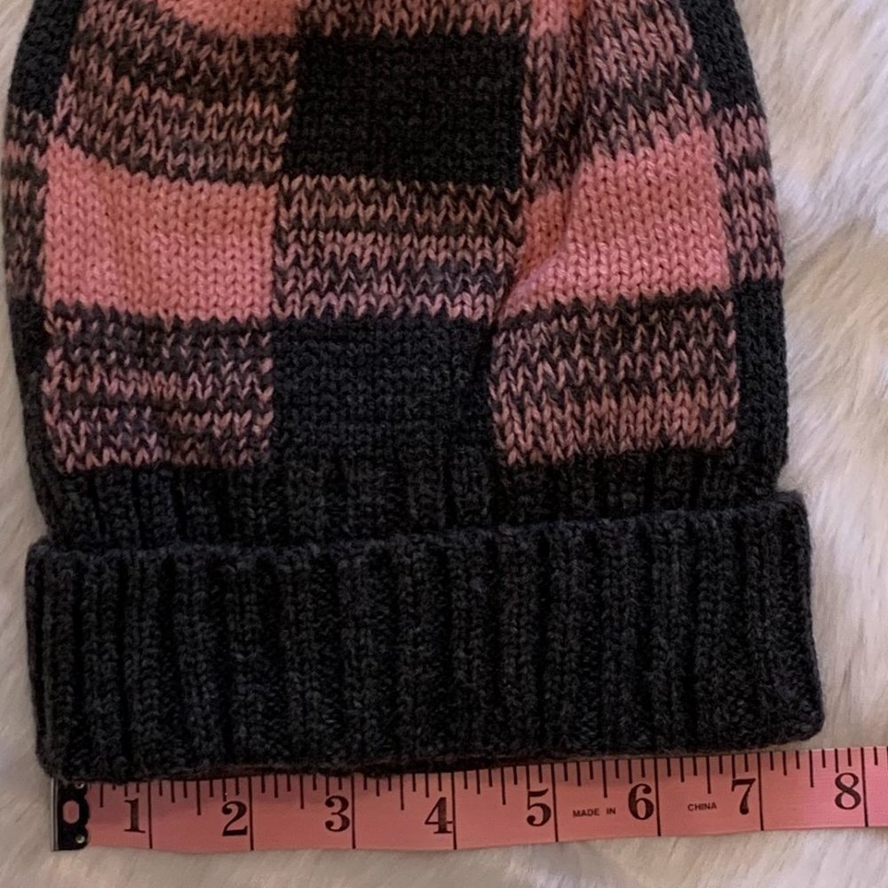 TRENDY Black & PINK Buffalo Check Pom Winter Hat Beanie - Picture 6 of 6